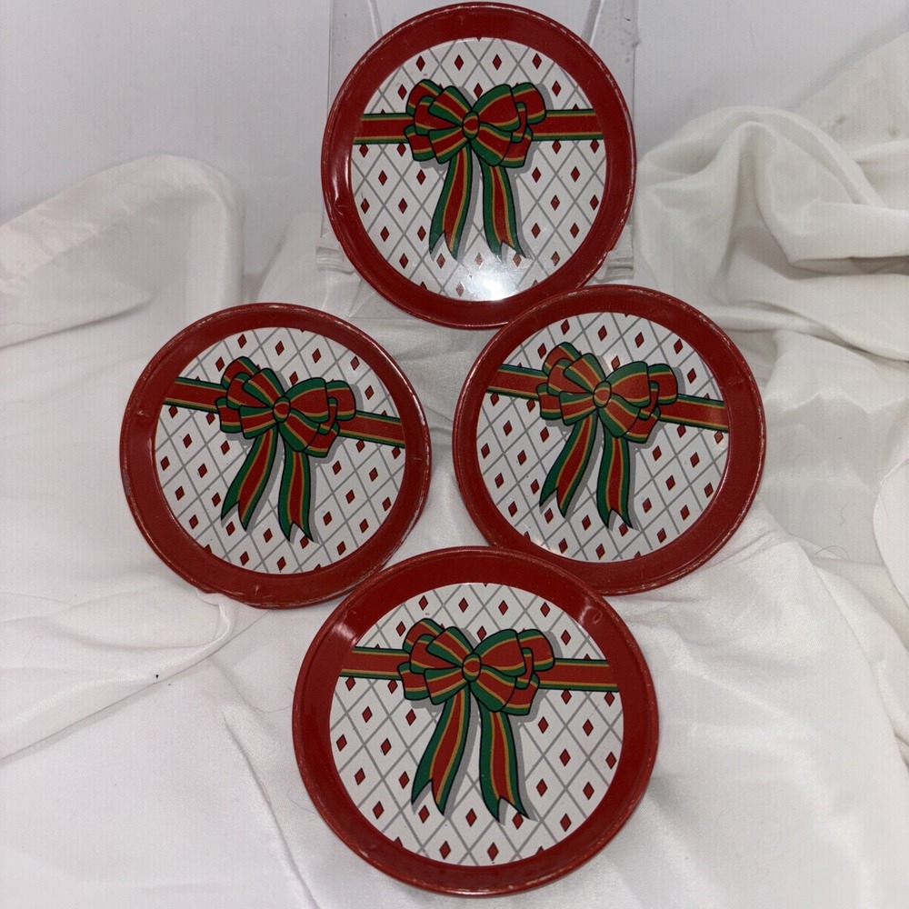 Vintage Metal Christmas Drink Coasters Red Green‎ Bow Retro 1960